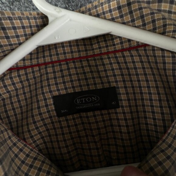 Eton Long Sleeve Button Up Shirt Men All Cotton Designer 16.5 Beige Blue Check - Picture 8 of 16